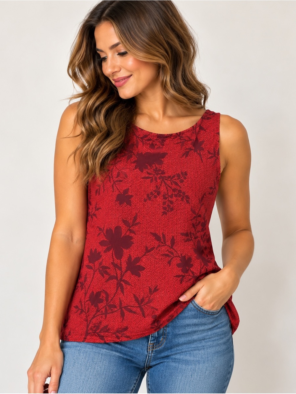 New York & Company Red Burgundy Floral Sleeveless Blouse XL